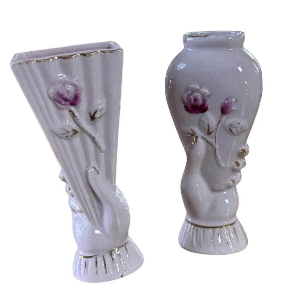 Pair Royal Japan Hand Holding Vases Pink Rose Hand Painted Ceramic Vintage decor